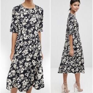 NWT ASOS Women's 3/4 Sleeve Pleat Front Midi Dress Floral Black 6 Feminine Chic